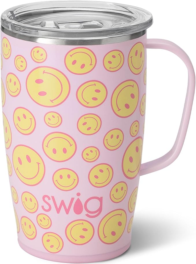 Swig Life 18oz Travel Mug, Insulated Tumbler with Handle and Lid, Cup Holder Friendly, Dishwasher Safe, Stainless Steel, Travel Coffee Cup (Oh Happy Day)