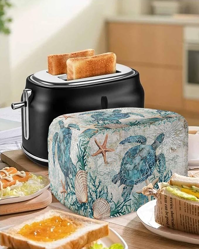 Teal Sea Turtle Toaster Cover 4 Slice, Coastal Coral Ocean Dustproof Bakeware Oven Protector with Top Hook, Nautical Vintage Waterproof Small Kitchen Appliance Toasters Dust Cover, 12"x11"x8"