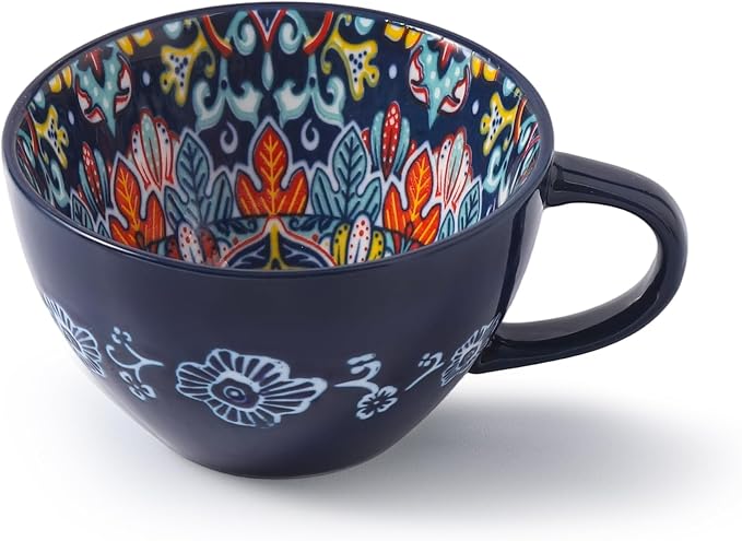 Large Coffee Mug, 15 oz Boho Coffee Mug Ceramic with Handle, Porcelain Tea Cup, Coffee Cup for Cappuccino and Latte, Microwave & Dishwasher Safe, Ideal Gift for Family/Friend (Dark Blue)