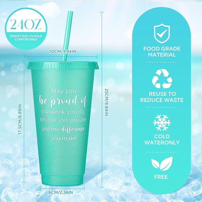 Dandat 48 Pcs Employee Appreciation Gifts Bulk 24 oz Thank You Cups Gift for Nurse Coworker Team Staff Teacher Inspirational Plastic Tumblers with Lids Straws (Neon Color)