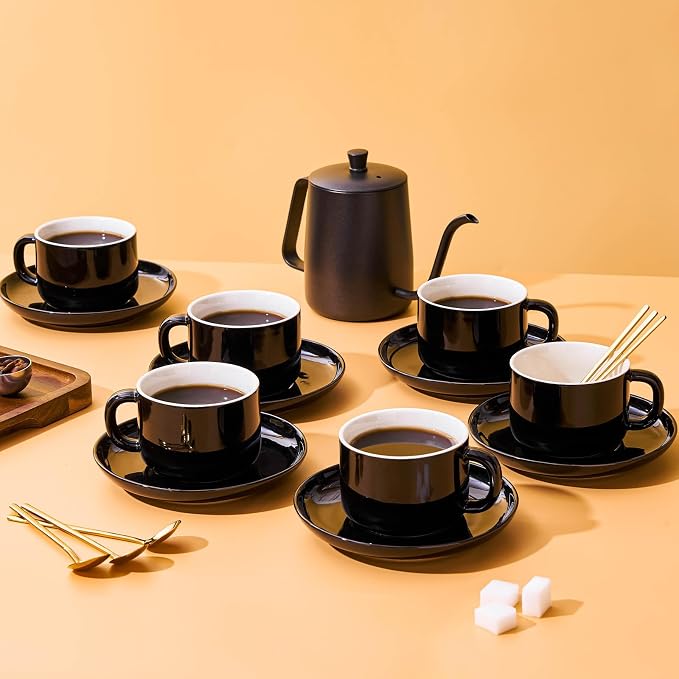 8oz Cappuccino Cups Set of 6, Tea Cups with Saucers and Spoons, Black Ceramic Tea Cups Set Coffee Mugs for Tea Cappuccino Espresso Latte Mocha Au Lait Macchiato Cafe