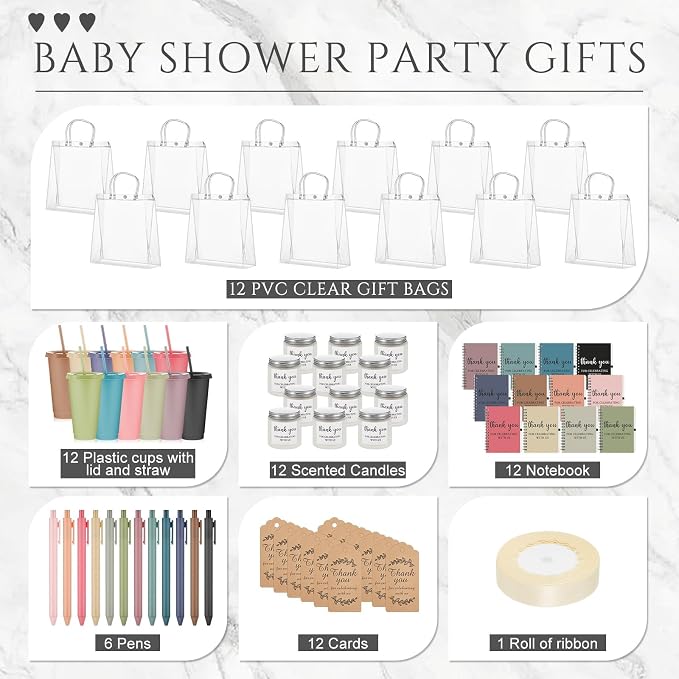 Nuogo 12 Sets New Parent Shower Prizes for Player Winners Adult, Wedding Bridal Shower Gift, Plastic Tumbler Notebook Scented Candle Ballpoint Pen Bag (Morandi Color,Classic Style)