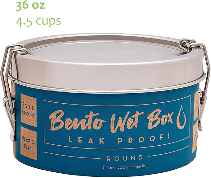 ECOlunchbox Bento Wet Box – Round Leak-Proof Stainless Steel Container, 24 oz (700 ml), Silicone Gasket & Soft-Close Clips, Plastic-Free, Dishwasher & Oven Safe