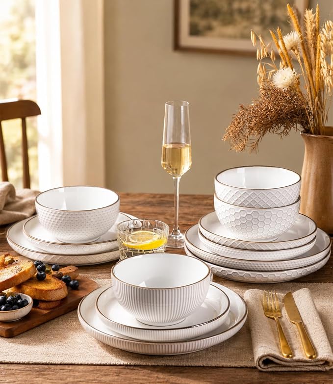 GBHOME Dinnerware Sets for 4, Farmhouse Style Stoneware Plates and Bowls Sets, 12 Pieces Embossed Scratch Resistant Dishes, Dishwasher & Microwave Safe, Off-White