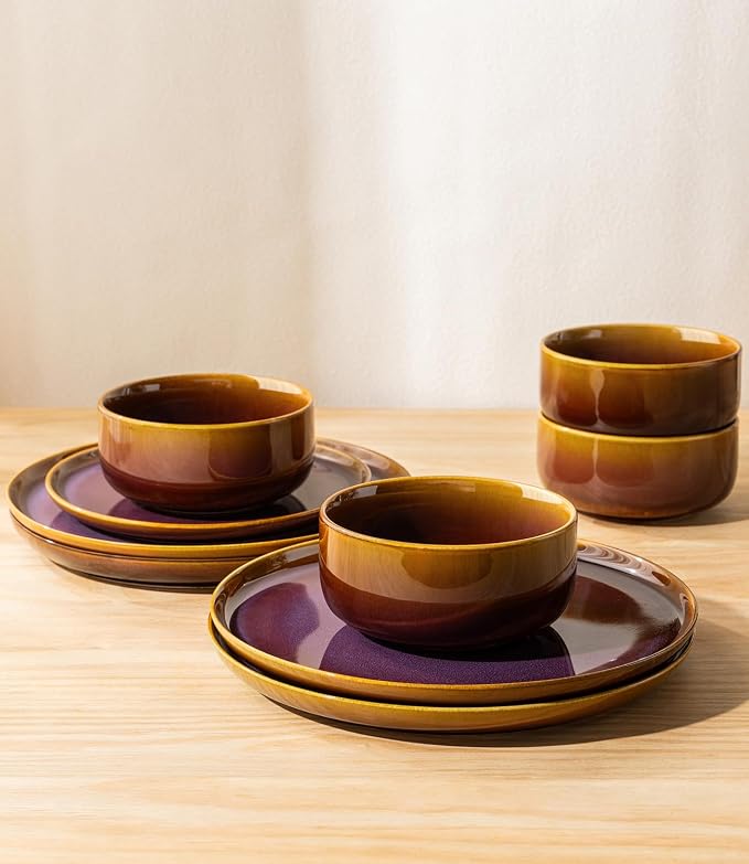 TheTerra Ceramic Dinnerware Sets for 6, 18 Pieces Handmade Reactive Glaze Plates and Bowls Set, Scratch Resistant Dish Set, Oven & Microwave & Dishwasher Safe, Amber Amethyst