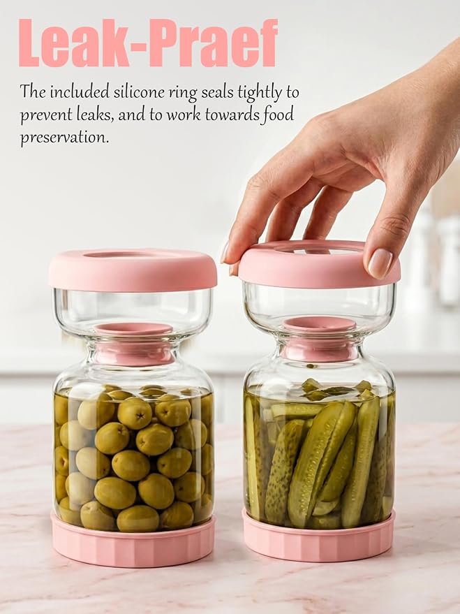 Homnoble Pickle and Olive Hourglass Jar with Strainer Flip for Juice Separator from Wet and Dry, Upgrade Food-grade ABS Lid and BPA Free Hourglass Pickle Jar for Airtight Food Storage, Pink