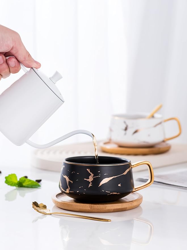 Jusalpha 2 Pack Golden Hand Print Black and White Teacup Coffee Cup with Bamboo Saucer and Spoon Set FDTCS19 (2, Black/White)