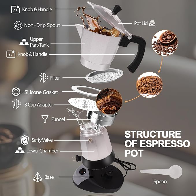 Aluminum Electric Moka Pot 3-6 Cup 270ml Express Coffee Maker Stovetop Espresso Portable Coffeemaker Italian Classic Brewing Greca Cafe Mocha with Removable Base and Overheating Protection Machine