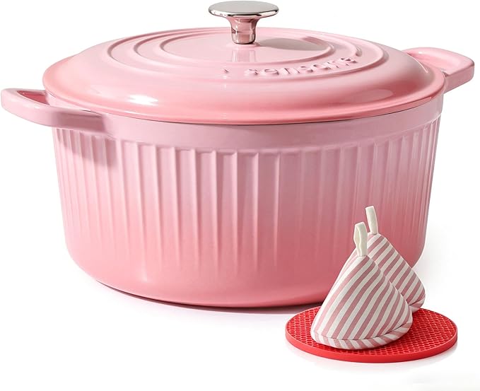SENSARTE Enameled Cast Iron Dutch Oven Pot with Lid 3.5/5.5/6.5 Quart Heavy-Duty Round Dual Handles Kitchen Pot with Cotton Potholders & Silicone Trivet, Pot for Bread Baking, Stews, Braising, Roasting, Oven Safe, 3.5 Quart, Pink