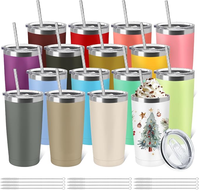 YOUKE OLA 16 Pack Stainless Steel Tumbler Bulk 20oz Insulated Vacuum Travel Mug Powder Coated Coffee Mug Gift for Wine Cocktails Hot Cold Drinks, Assorted Colors