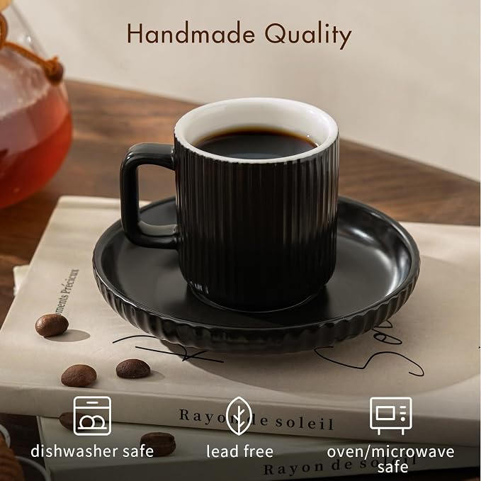 2.5OZ Mini Espresso Cups Set of 4, Black Ceramic Demitasse Espresso Mugs with Saucers, Small Coffee Cups for Single/Double Espresso Shots