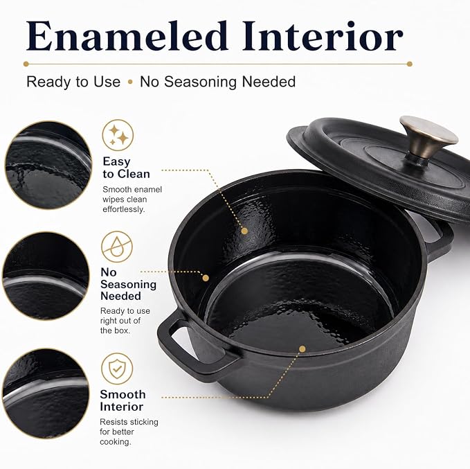Enameled Cast Iron Dutch Oven with Lid, 3.3 QT Round Dutch Oven Pot, Matte Black Small Dutch Oven for Soup, Stew, Braising & Baking, Oven Safe to 500°F, Works on Induction, Gas & Electric