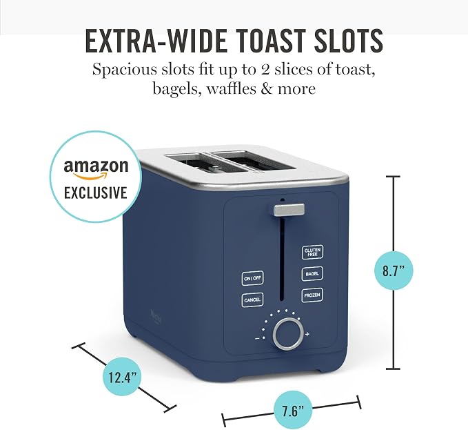 Martha Stewart 2 Slice Toaster, 10 Shade Settings with Defrost, Cancel, Bagel & Gluten-Free, Extra-Wide Self-Centering Slots for Waffles & Artisan Bread, Removable Crumb Tray, Cord Wrap, Indigo Blue