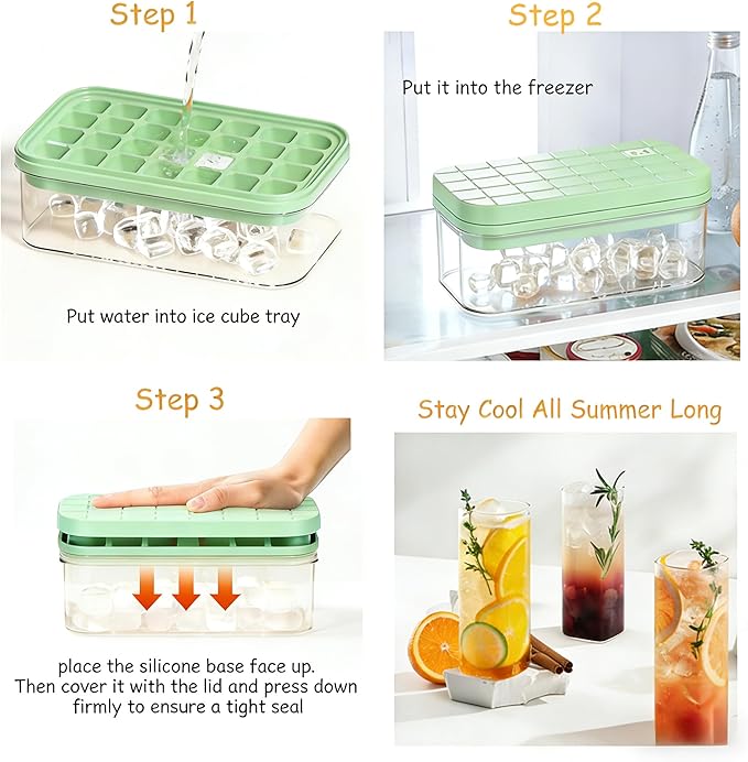 Silicone Ice Cube Trays with Lid and Bin - BPA-Free, Stackable, Release for Easy Ice Making, Portable with Handle, Perfect for Cocktails and Iced Coffee (Dopamine Color)