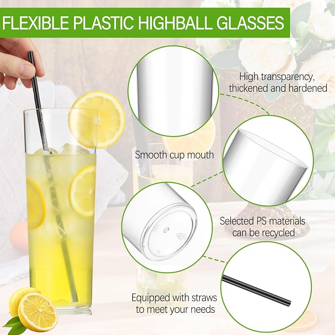 Plastic Highball Glasses with Straws(Set of 96), 9 oz Shatterproof Drinking Cups, Tall Whiskey Collins Glass with Straws, Smoothie Tumbler Mojito Cocktail Cups for Wedding Fall Xmas Party