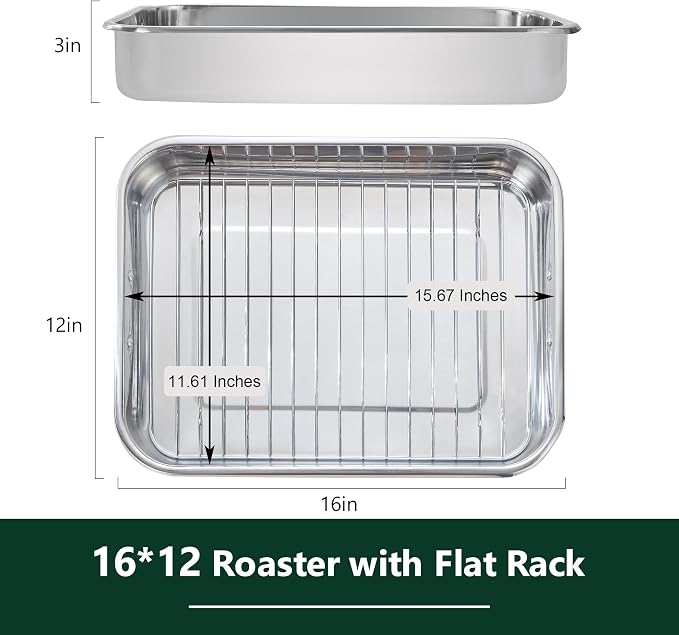 Stainless Steel Roasting Oven Pan: Roaster Pans With Rack & Handles 16.5 * 12.4 * 3 inches - Kitchen Baking Appliances for Turkey Chicken Beef - Kitchen Cookware Gifts for Women Homeowner