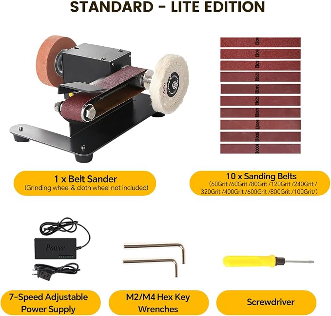 Mini Belt Sander, Electric Small Sander Knife Making Supplies, 7 Adjustable Speed Electric Knife Sharpener, Power Belt Grinder for Woodworking. (Standard - Essential Polishing Kit)