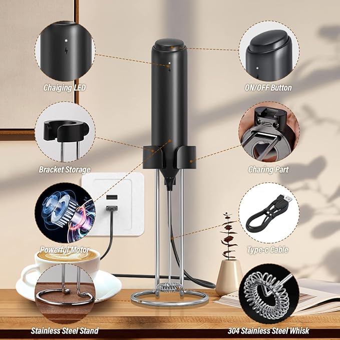 Electric Milk Frother Handheld, USB Rechargeable Coffee And Milk Electric Beater With Holder - Wall-mounted Or Holder Storage Portable Beverage Mixer