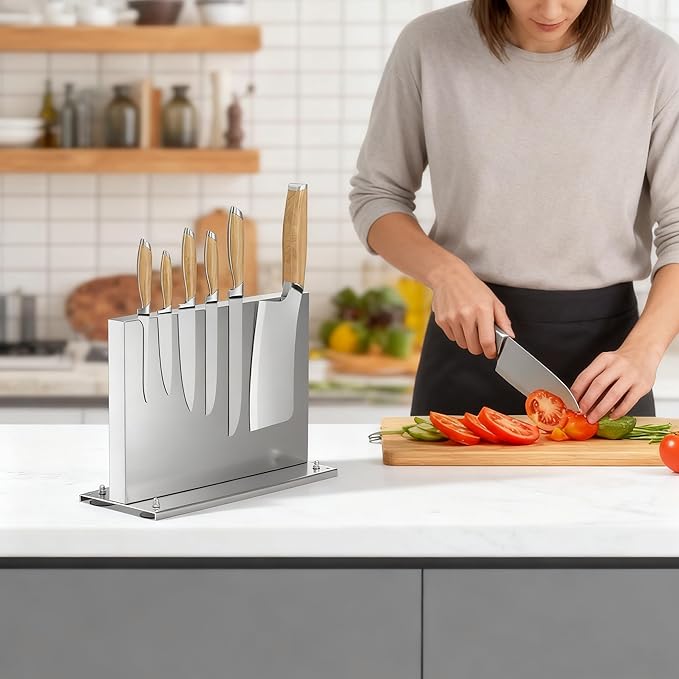 Magnetic Knife Block with Sharpener, Double-Sided Stainless Steel Magnetic Knife Holder with Suction Base, Kitchen Counter Knife Holder Stand, No-Drill Installation