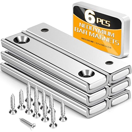 TRYMAG Neodymium Rectangular Magnets 80Lbs, 60 x 13.5 x 5mm Strong Bar Magnets with Countersunk Hole and Steel Capsule, Heavy Duty Industrial Rare Earth Magnets with Screw for Wall Mounting, Pack of 6