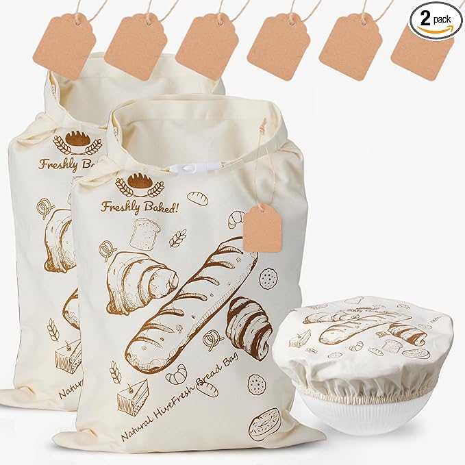 2 Pack Beeswax Bread Bags for Sourdough - Reusable Washable Cotton with Removable Wax Liner, Proofing Cover & DIY Writable Labels, Plastic Free Eco-Friendly Camping Ready (17x13 Inch)