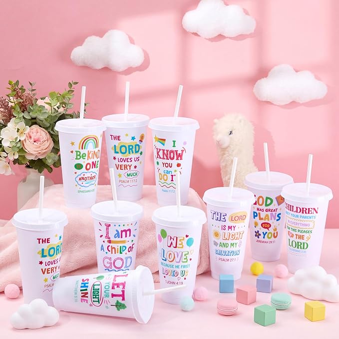 Uiifan 10 Pcs VBS Christian Tumblers with Straws for Kids, Bible Verse Cups for VBS, Sunday School, Church Party Favors and Faith Gifts, Reusable Plastic Tumblers with Lids, 24 oz, White