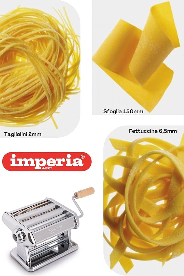 Imperia Titania Pasta Maker- Machine is 100% Made in Italy- Heavy Duty Steel Construction, Manual Roller with Wooden Handle- Cutter for Lasanga, Fettucine & More- Make Fresh Homemade Italian Noodles