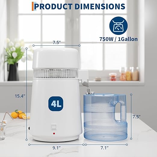 Countertop Water Distiller, 1 Gallon / 4L 750/900W Pure Water Maker with Auto Shut-Off, 304 Stainless Steel & Glass/Plastic, for Home Drinking, Cooking, Appliances – Removes Impurities & Solids