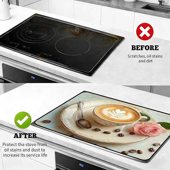 Stove Top Cover for Electric Stove, Vintage Farmhouse Style Glass Cooktop Protector, Multi-functional Kitchen Counter & Washer Top Cover