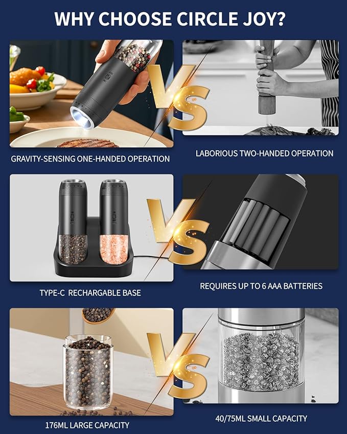CIRCLE JOY Rechargeable Salt and Pepper Grinder Set, Gravity Sensor Electric Salt and Pepper Grinder Set with External Adjustment, 176ml Capacity and One-handed Operation, Black