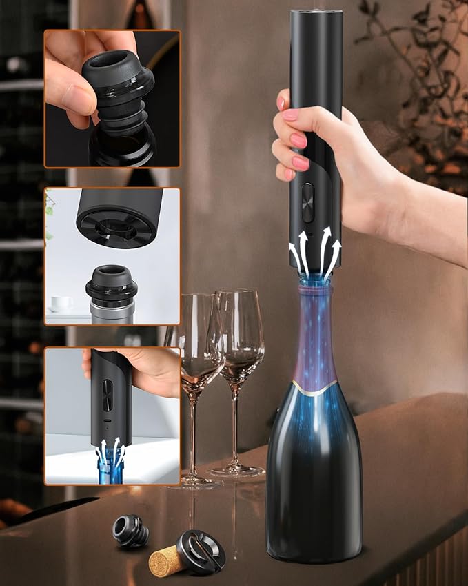 CIRCLE JOY Electric Wine Bottle Opener Set Rechargeable 7-in-1 Wine Set with Foil Cutter, Electric Wine Opener, Electric 2in-1 Wine Aerator & Pourer, Electric Vacuum Pump and 2 Wine Stoppers, Black