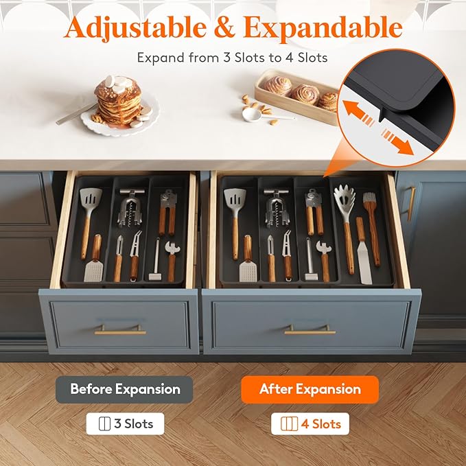 Lifewit Silverware and Cooking Utensil Drawer Organizer Set – Expandable Adjustable Plastic Storage for Cutlery, Flatware, Spoons, Forks, Knives, and Kitchen Tools, BPA-Free, Black