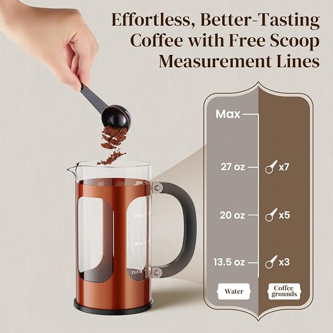 Veken French Press Coffee Maker 34oz 1 L, No Plastic Touching Cafe, Heat Resistant Thickened Borosilicate Glass, Stainless Steel Brewer, Cold Brew Cafetera Teapot for Kitchen Travel Camping, Copper