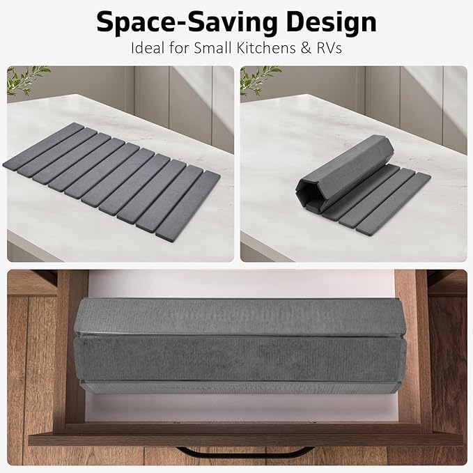 Large Stone Dish Drying Mats for Kitchen Counter, 24"(L)×16"(W), Drying Collapsible Dish Drying Mat, Eco-Friendly Absorbent Diatomaceous Earth Mats for Dishes Bottles Cups - Dark Grey