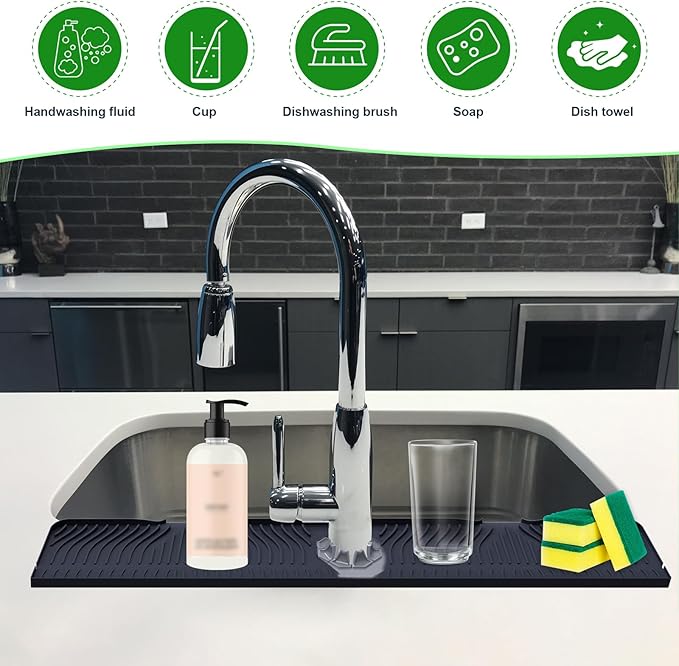 33inch Kitchen Sink Splash Guard Mat,Silicone Material Protects Faucet Handle from Dripping Water,Faucet Mat Splash Catcher,Multipurpose for Kitchen Sink, Bathroom, Sink Sponge Holder