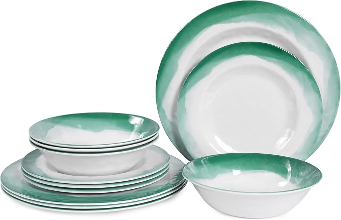 Melamine Dinnerware Sets, 12pcs Plates and Bowls Set, service for 4, Dishwasher Safe, Indoor and Outdoor Use, Green Melamine dishes