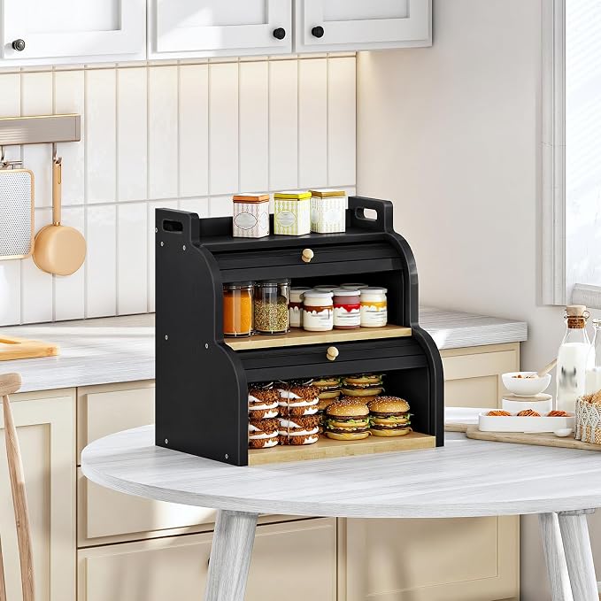 HOOBRO Bread Box, Bamboo Bread Box for Kitchen Countertop, 2-Tier Roll-Top Bread Bin, Food Storage Box, Bamboo Storage Cabinet with Handles, for Kitchen, Dining Room, Black BK15MB01
