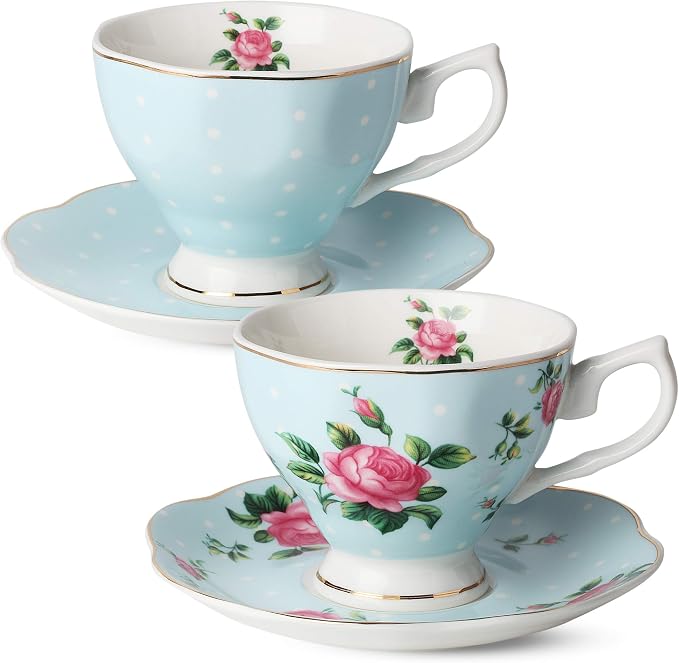 BTaT- Floral Tea Cups and Saucers, Set of 2, 8 oz, Fine Porcelain Teacup Set with Gold Trim for Afternoon Tea, Weddings, Parties & Gifting, Dishwasher Safe, Lightweight, Non-Toxic