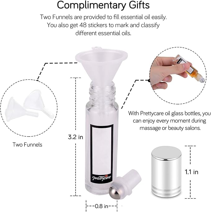 PrettyCare Set of 24, 10 ml Essential Oil Roller Bottles with Stainless Steel Roller Ball - Refillable Leak-proof Empty Thick Clear Glass Roll on Bottles with Silver Metal Caps for Travel, Perfume