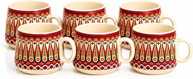 Handcrafted Set of 6 Ceramic Tea Cups 150 ML Elegant Porcelain Breakfast Coffee Mugs Boho Style For Cortado Cappuccino Espresso Kulhad Chai Microwave & Dishwasher Red Food Safe For Home Office Kitchen