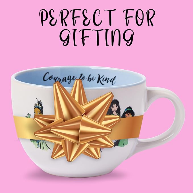 Silver Buffalo Disney Princess Tiana Ceramic Soup Mug, 24oz | Belle, Ariel, Mulan, Jasmine, Aurora, Merida, Cinderella, Moana, Courage to be Kind artwork, Includes large handle