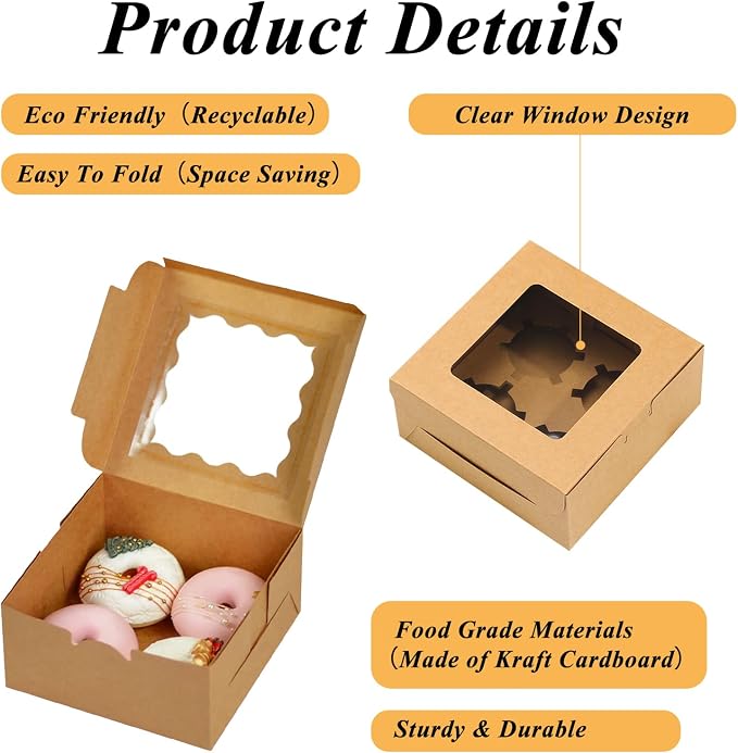 QTLCOHD 100 Pack 6 x 6 x 3 Inch Bakery Boxes with Window Brown | Small Cupcake Box Individual Kraft Cookie Pastry Boxes for Pastries, Cookies, Pie, Donuts, Macaroon