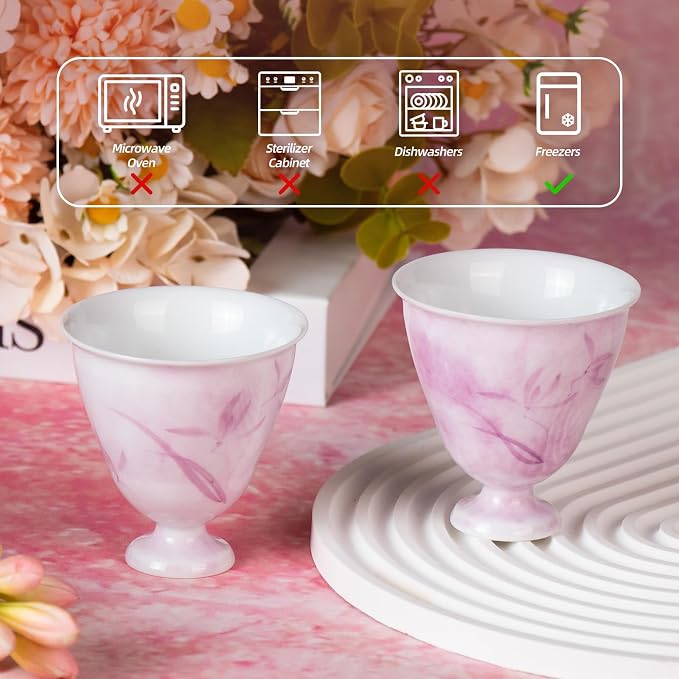 KAMMAK Ceramic Tea Cups Small, Cute Vintage Coffee Cup Set of 2, Porcelain Teacups Espresso Mug, 2.8oz Hand Painted Chinese Afternoon Tea Party Mugs, Birthday Gift for Women Men, Youlan Flower