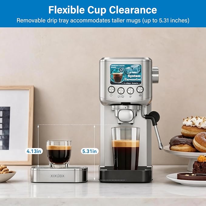 XIXUBX 20 Bar Espresso & Cold Brew Coffee Maker with Milk Frother, 42oz Removable Tank, Stainless Steel, Perfect for Cappuccino, Latte, Home & Office, Silver