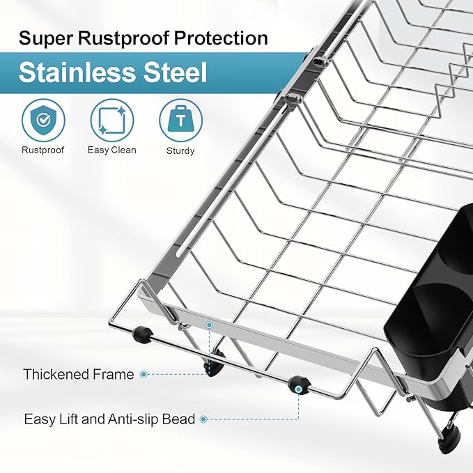 GSlife Over Sink Dish Drying Rack - Large Expandable Stainless Steel in Sink Dish Drainer with Square Corners, Rust Resistant with Lock Knob, Heavy Duty Fit for Modern Single & Double Sinks, Black