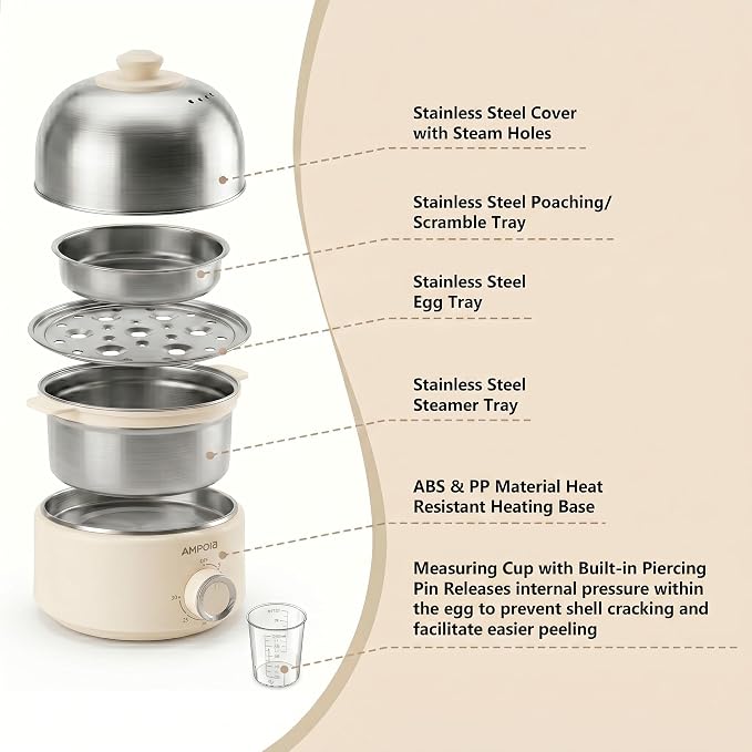 14 Eggs Electric Egg Cooker, 350W Rapid Egg Boiler with 30-Min Timer & Auto Shut-Off, Beige & White