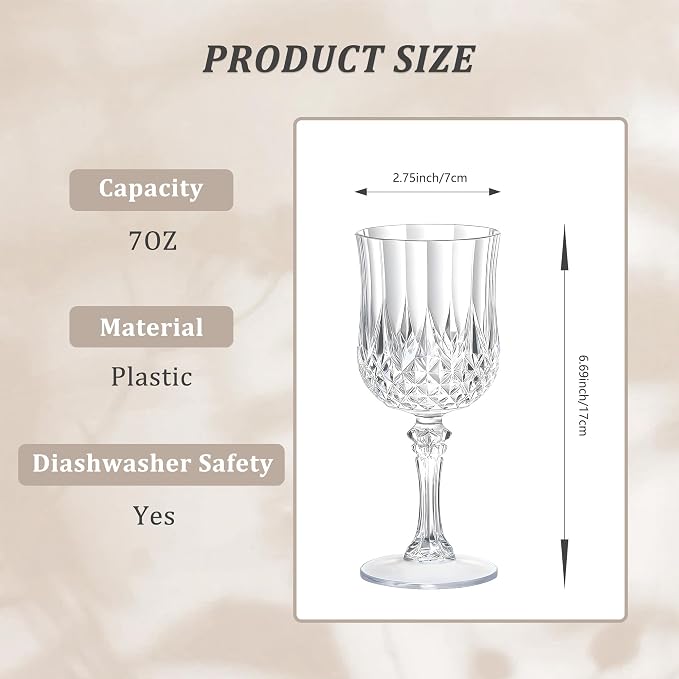 7OZ Plastic Wine Glasses, Reusable Vintage Goblets Unbreakable Drinking Glasses Crystal Water Cups Champagne for Wedding, Parties (48, Clear)