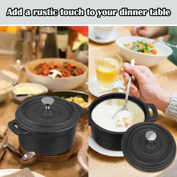 4 Pcs Mini Dutch Oven, 500F Small Round Iron Cocotte Black Dutch Oven Pot with Lid and Dual Handles Cast Iron Pot for Stovetop Use Marinate Cook Bake Refrigerate, Individual Servings(17 oz)