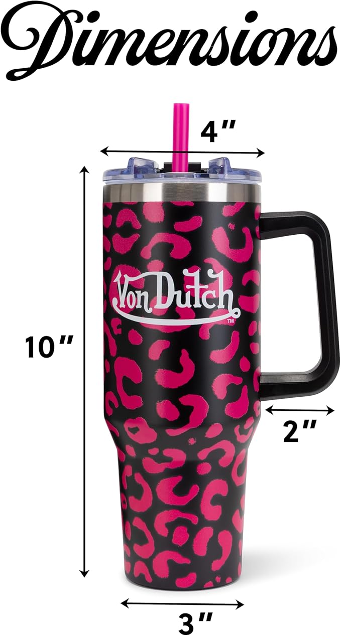 Von Dutch Hot Pink Cheetah 40oz Double Walled Insulated Food Grade Stainless Steel Tumbler, BPA Free - 24 Hours Cold / 10 Hours Hot