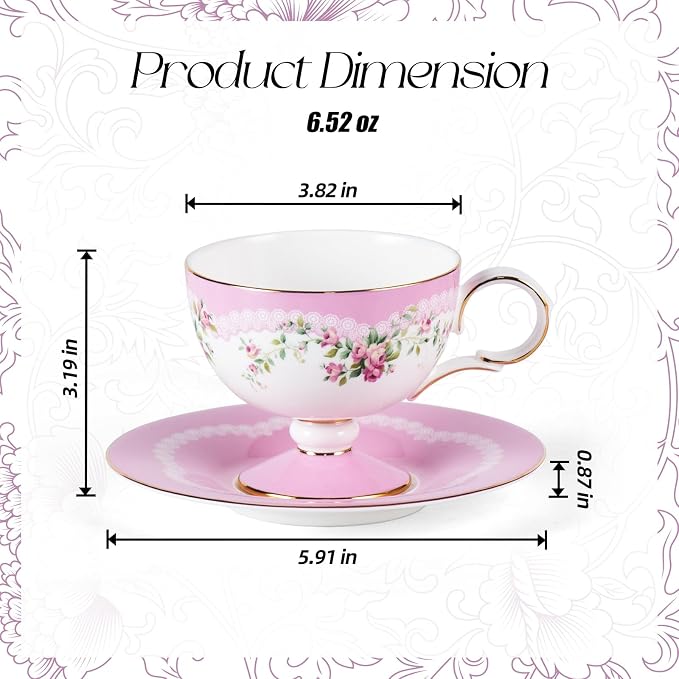 KAMMAK Ceramic Coffee Cups Saucers Set of 2, Porcelain Espresso Cups with Saucers, 6.52 oz Handmade Elegant Bone China Tea Cup, Ceramic Floral Pattern Demitasse for Latte, Americano, Cappuccino